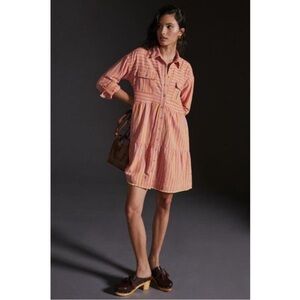 ANTHROPOLOGIE PILCRO Tiered Shirt Dress Pink Orange Stripe Mini Size Extra Small